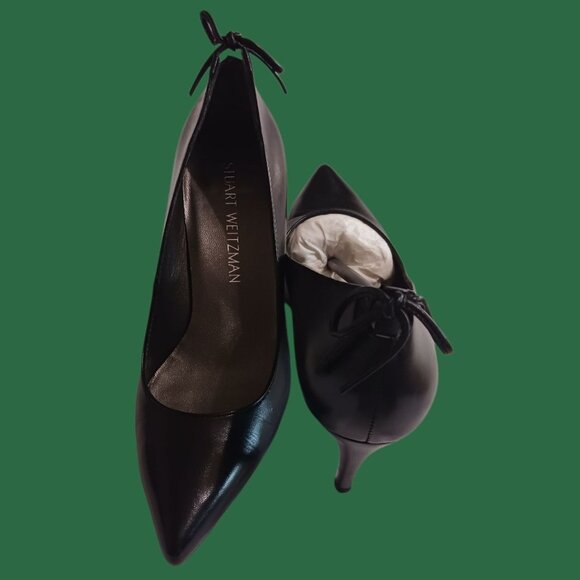 Stuart Weitzman Peekamid Leather Pointed Toe Heels Bow Detail Blk Size 36.5/6 - Picture 14 of 15